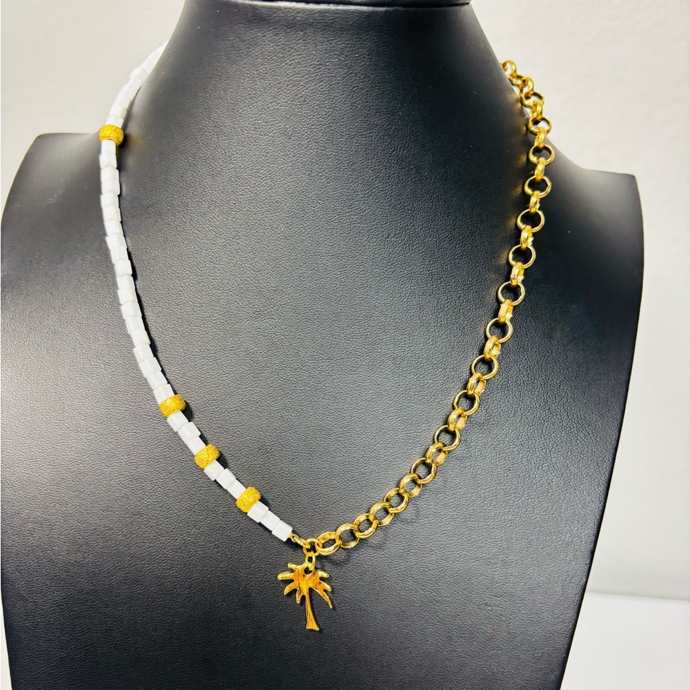 MAYAMAR 24K Gold plated Necklace with White bids and  Palm Tree Pendant. NIB.
